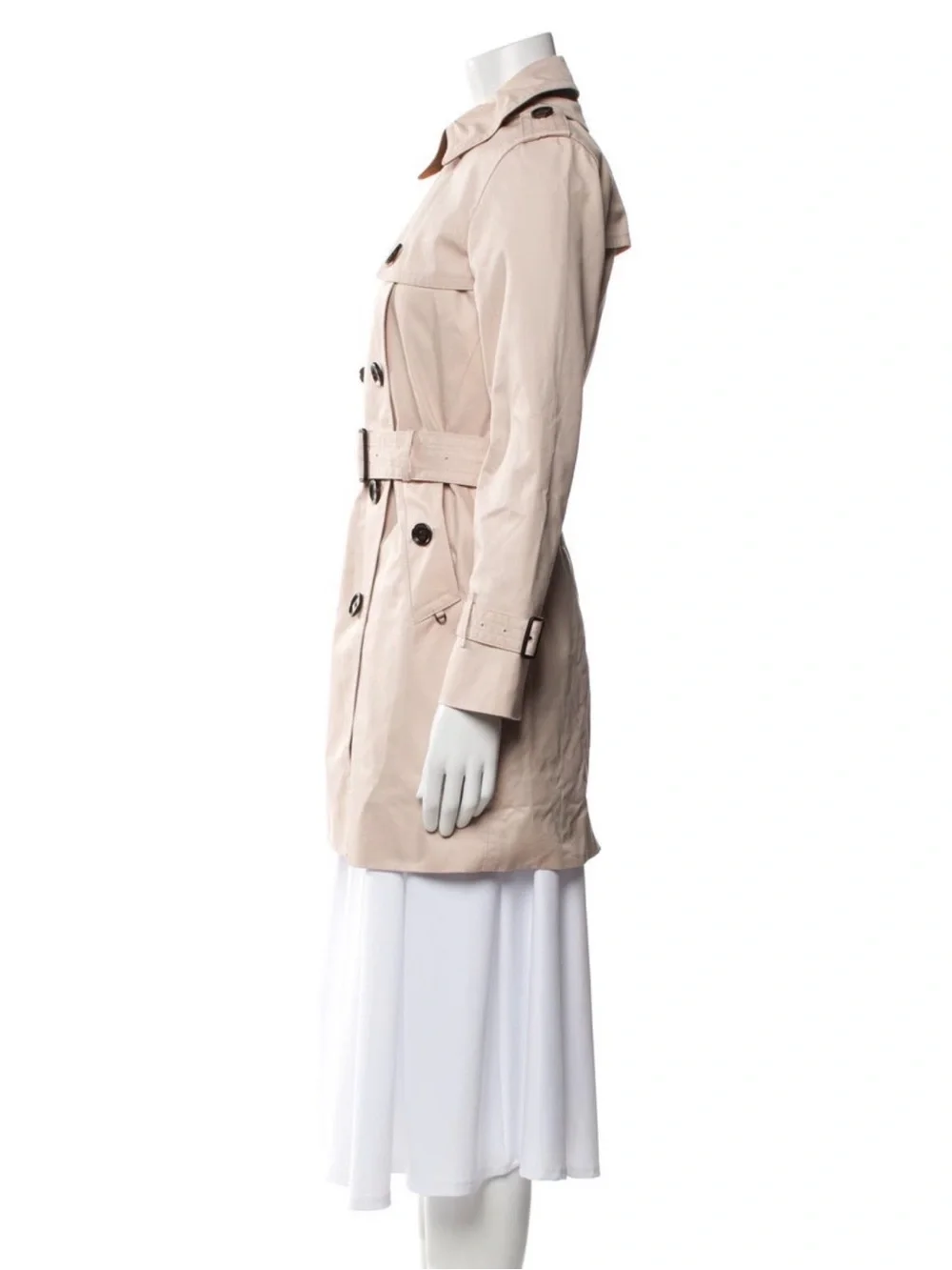 Coach: Light Beige Double-Breasted Trench Coat with Belt